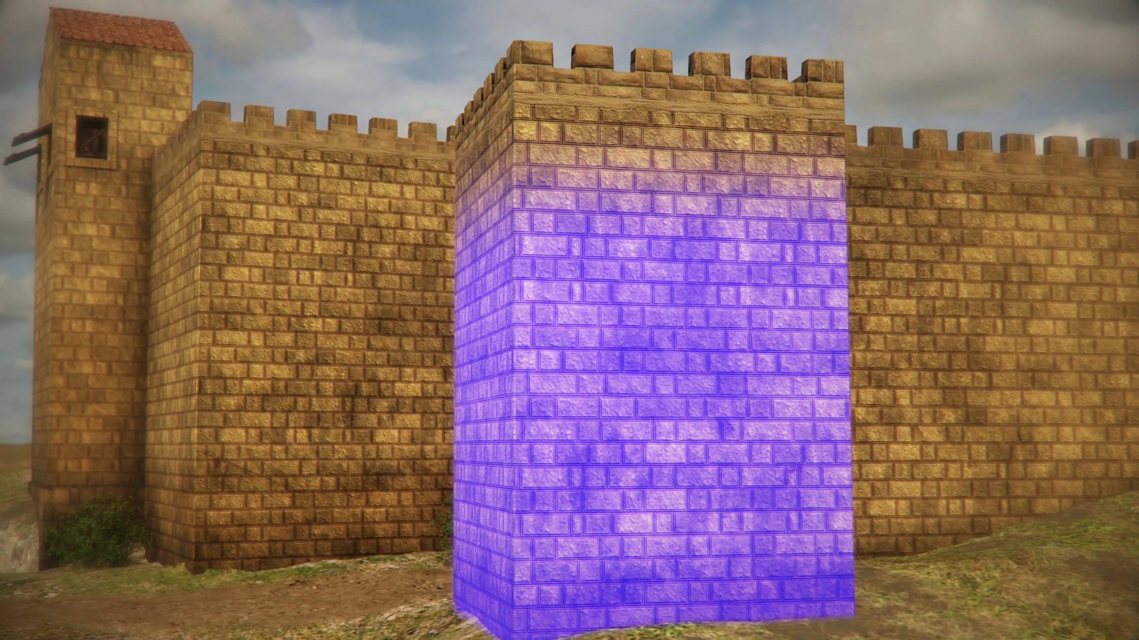 Muralla de Carmona recreada en 3D con una torre resaltada en color para señalar la fase constructiva