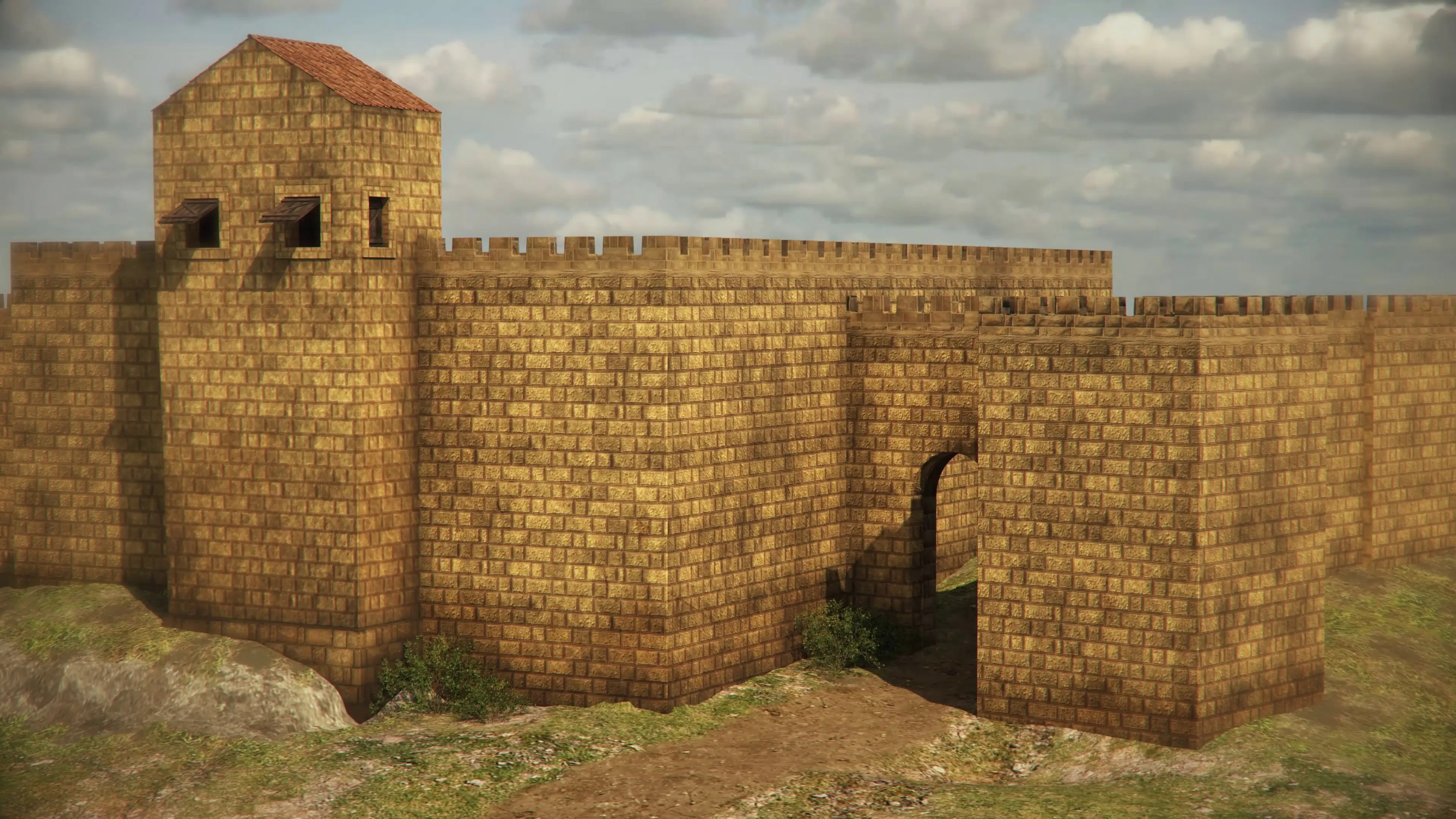 Puerta de Sevilla de Carmona en época romana, con el bastión y el templo sobre la muralla, recreación 3D