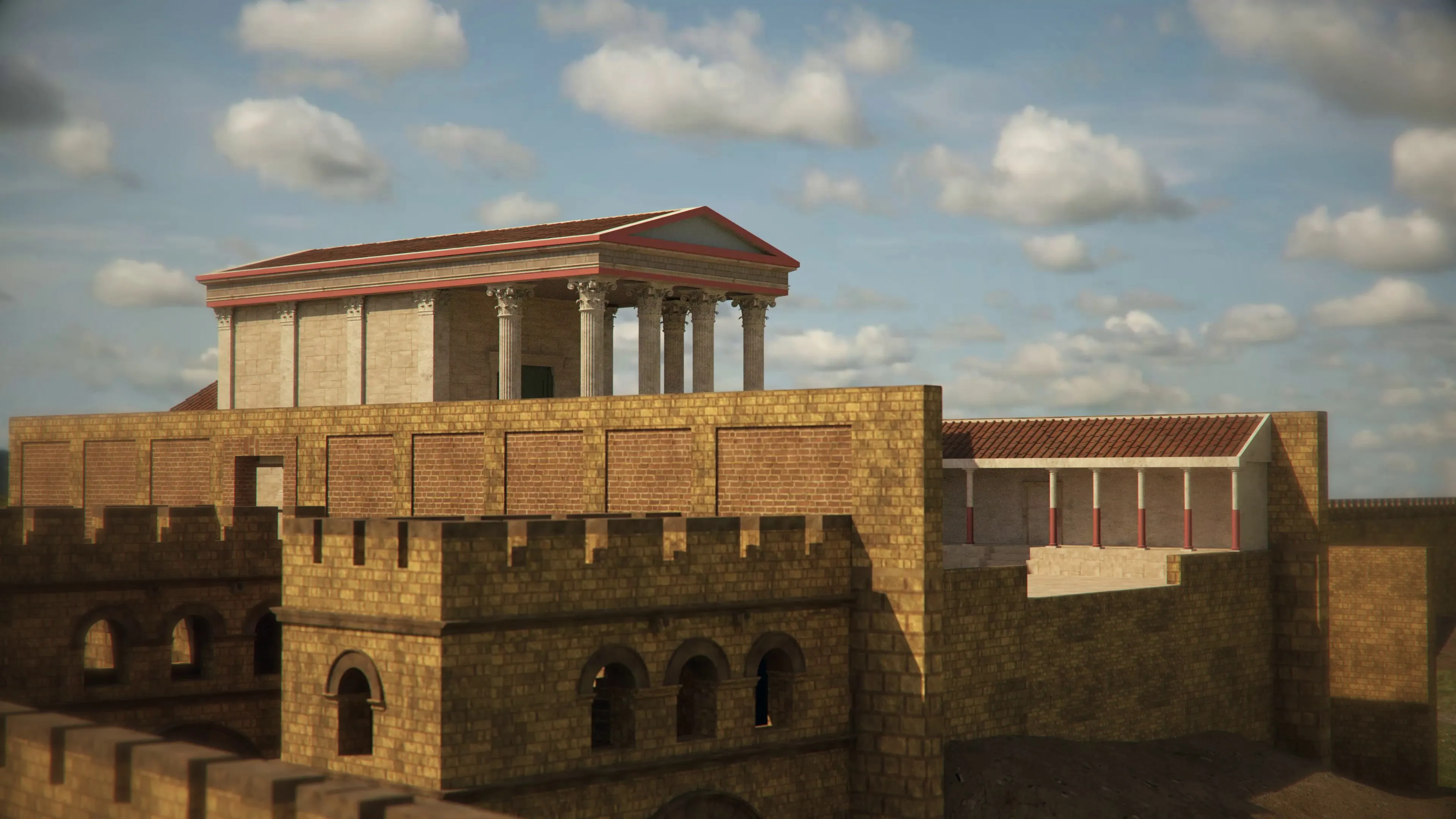 Vista aérea de la Puerta de Sevilla de Carmona con el templo romano sobre el bastión, recreación 3D
