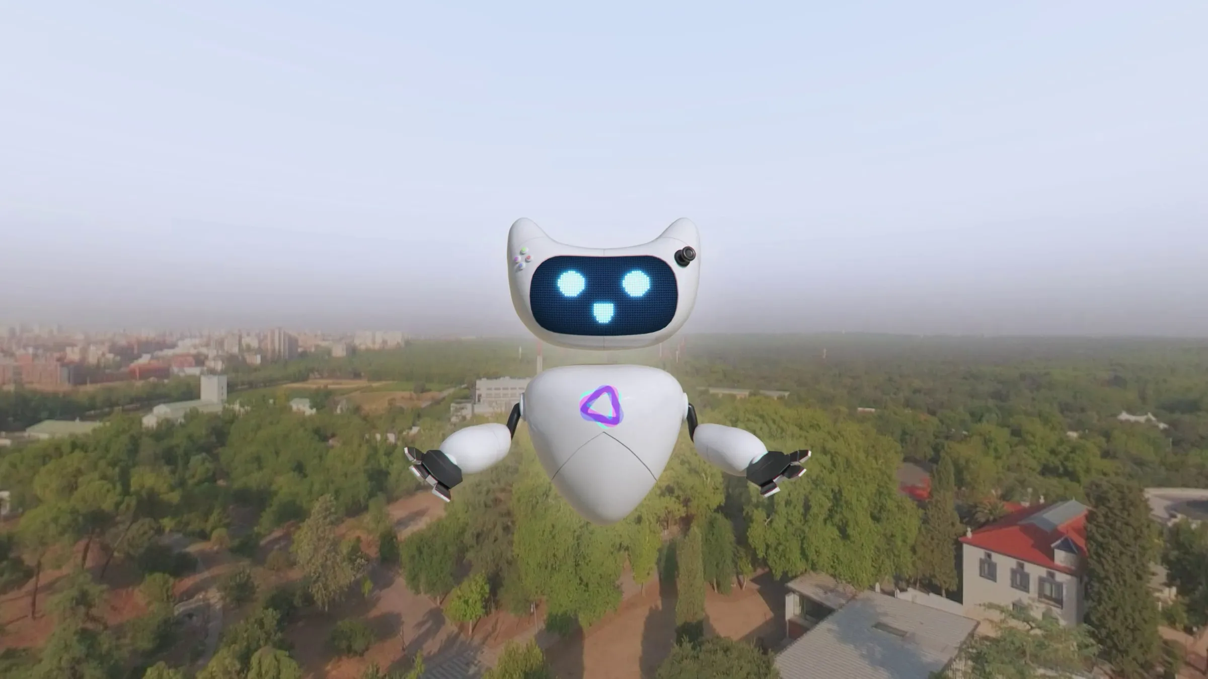 Gemelo digital del campus Madrid in Game visto desde el aire, con la mascota del centro flotando sobre los edificios, vista 360°