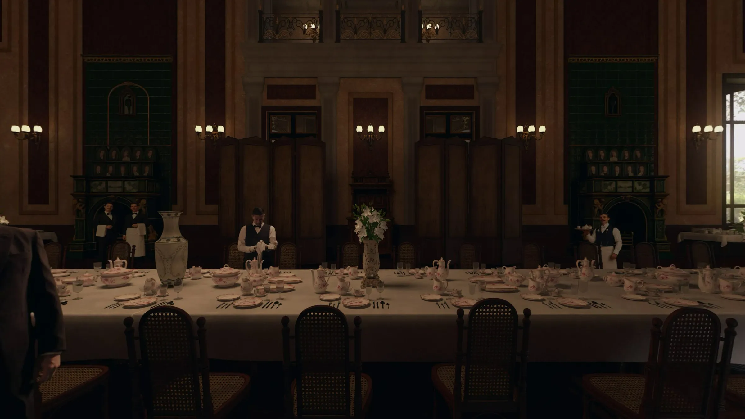 Salón del Gran Hotel Colón recreado en 3D con lámparas y mesas de época, vista 360°