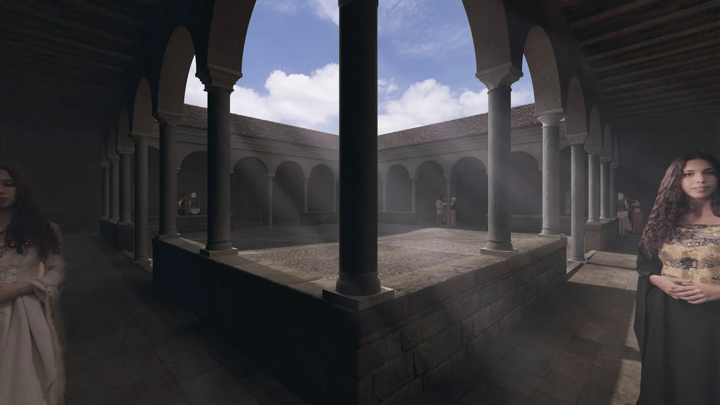 Claustro con las dos reinas y un patio al fondo, recreación 3D, vista 360°