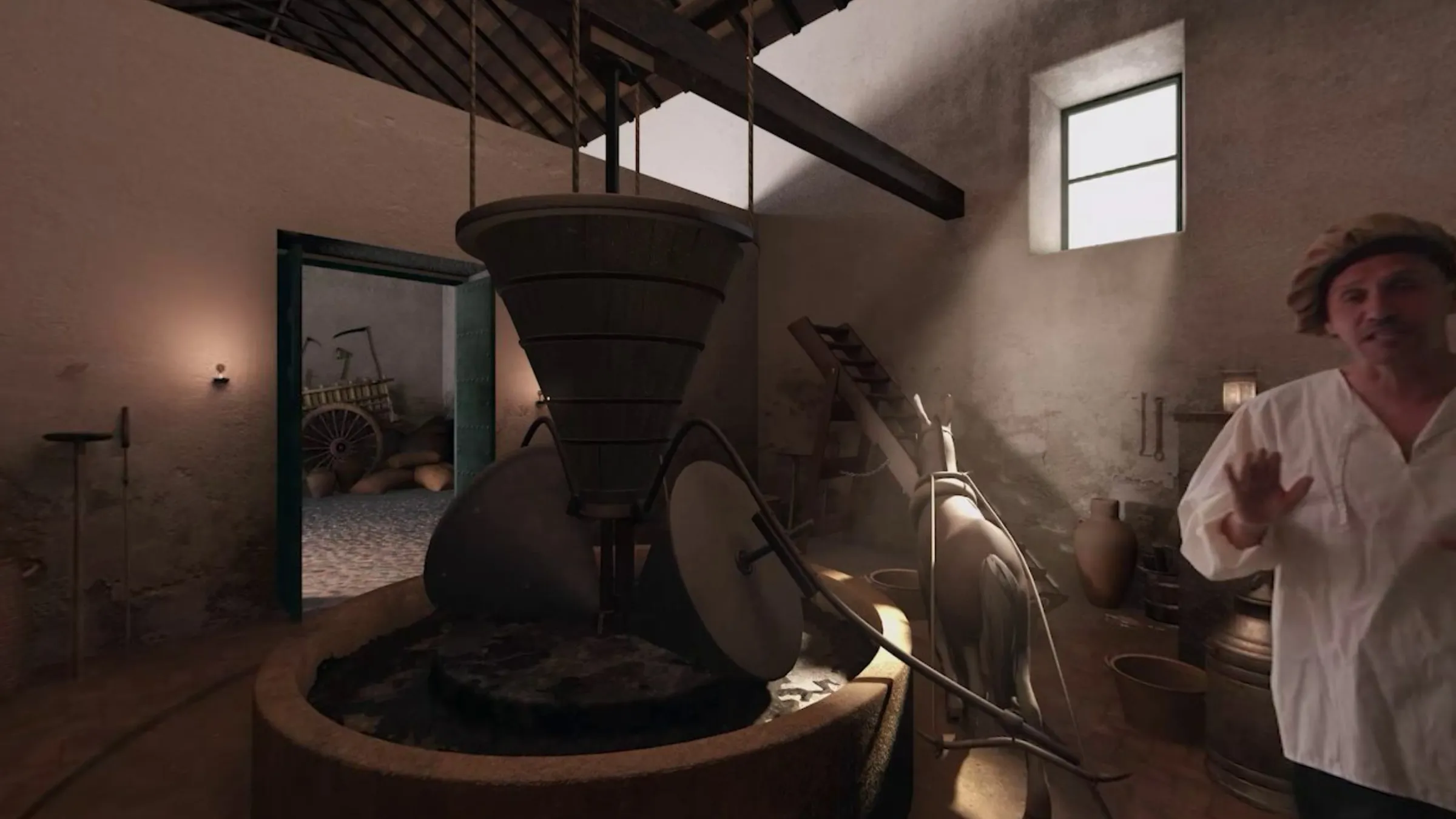 Interior del molino de Hacienda Guzmán con las piedras de moler, vista 360°