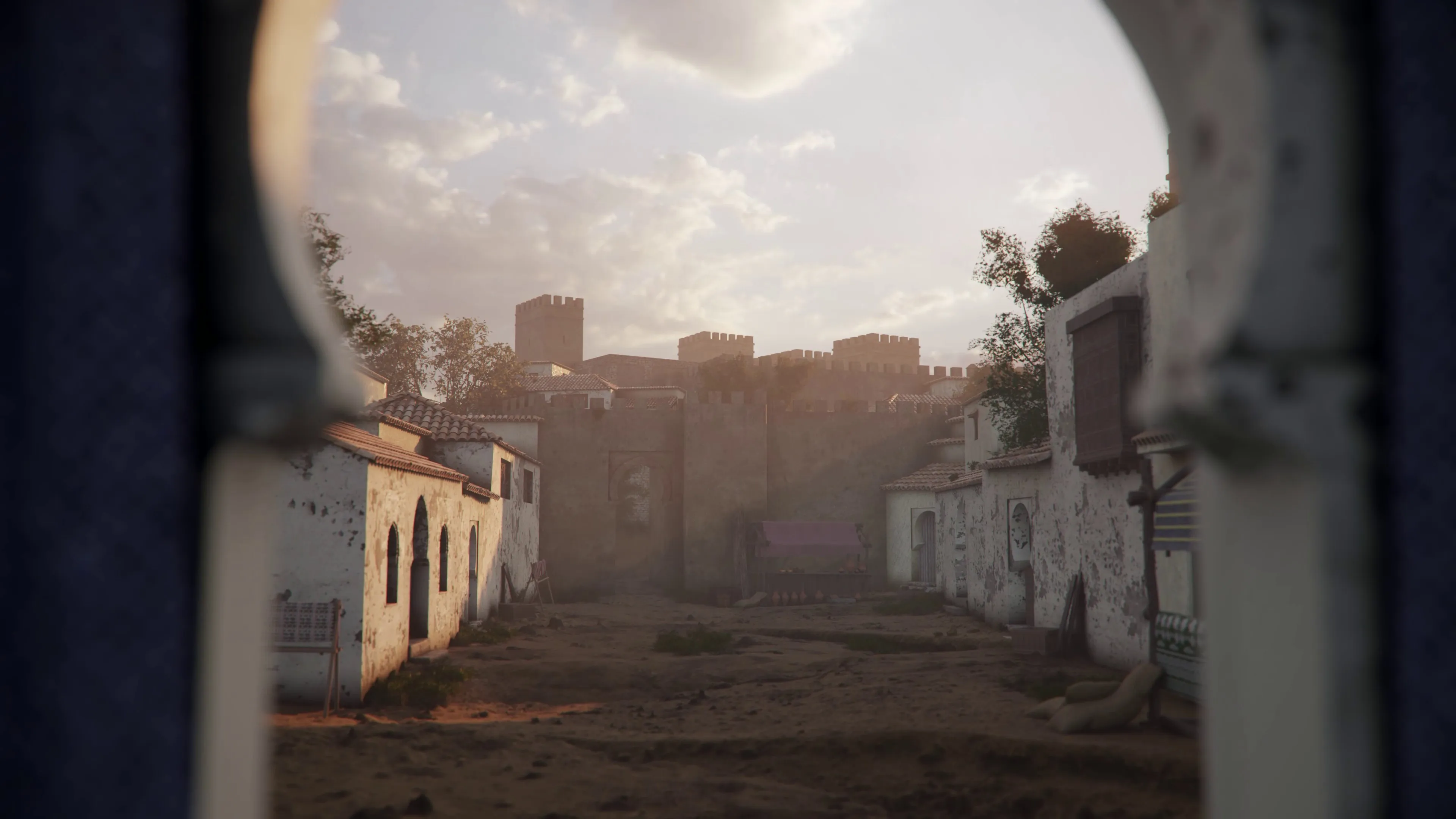 Calle de casas encaladas con la muralla al fondo, vista desde una ventana, recreación 3D