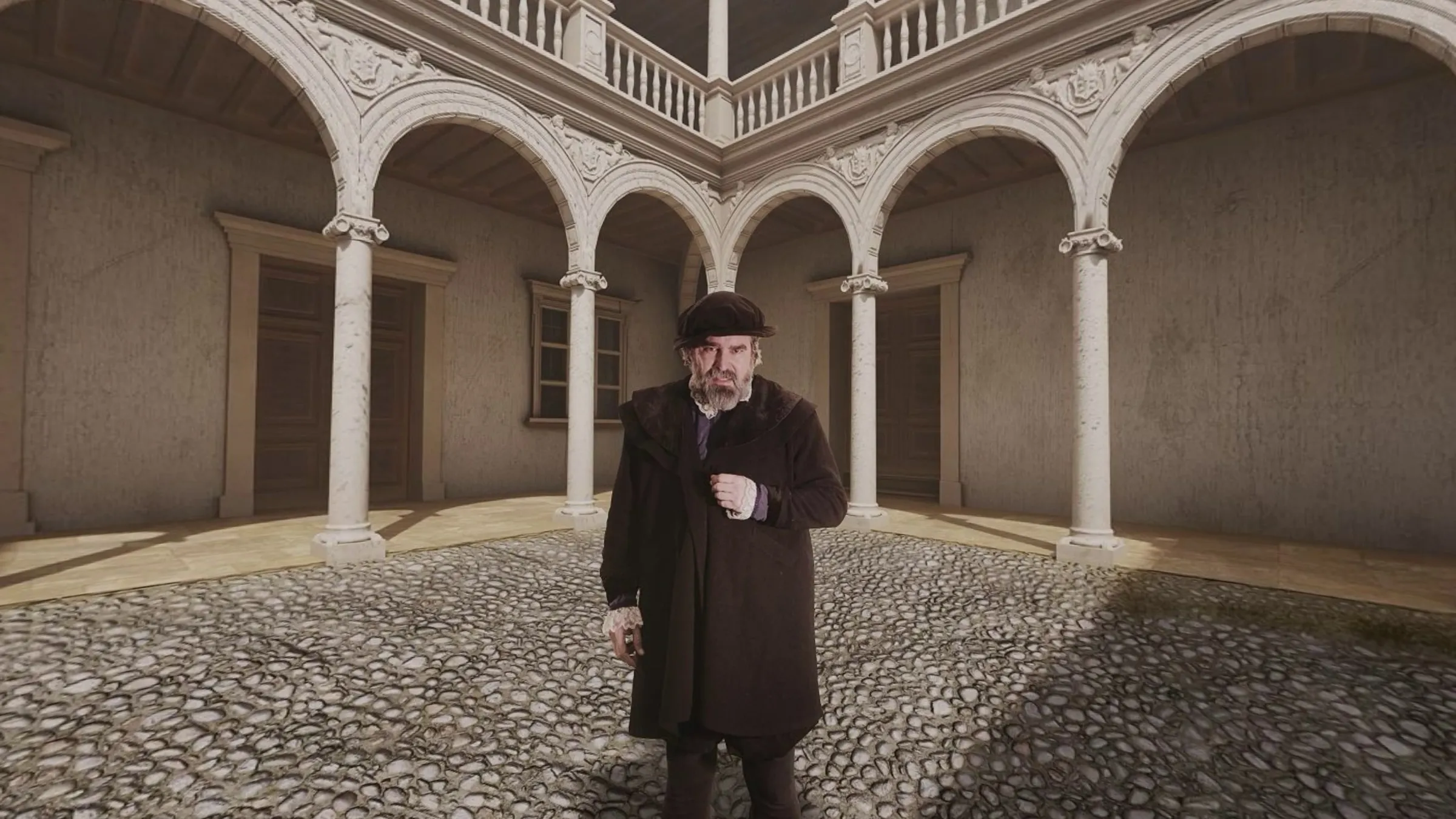 Patio renacentista de Jaén con un personaje de época, vista 360°