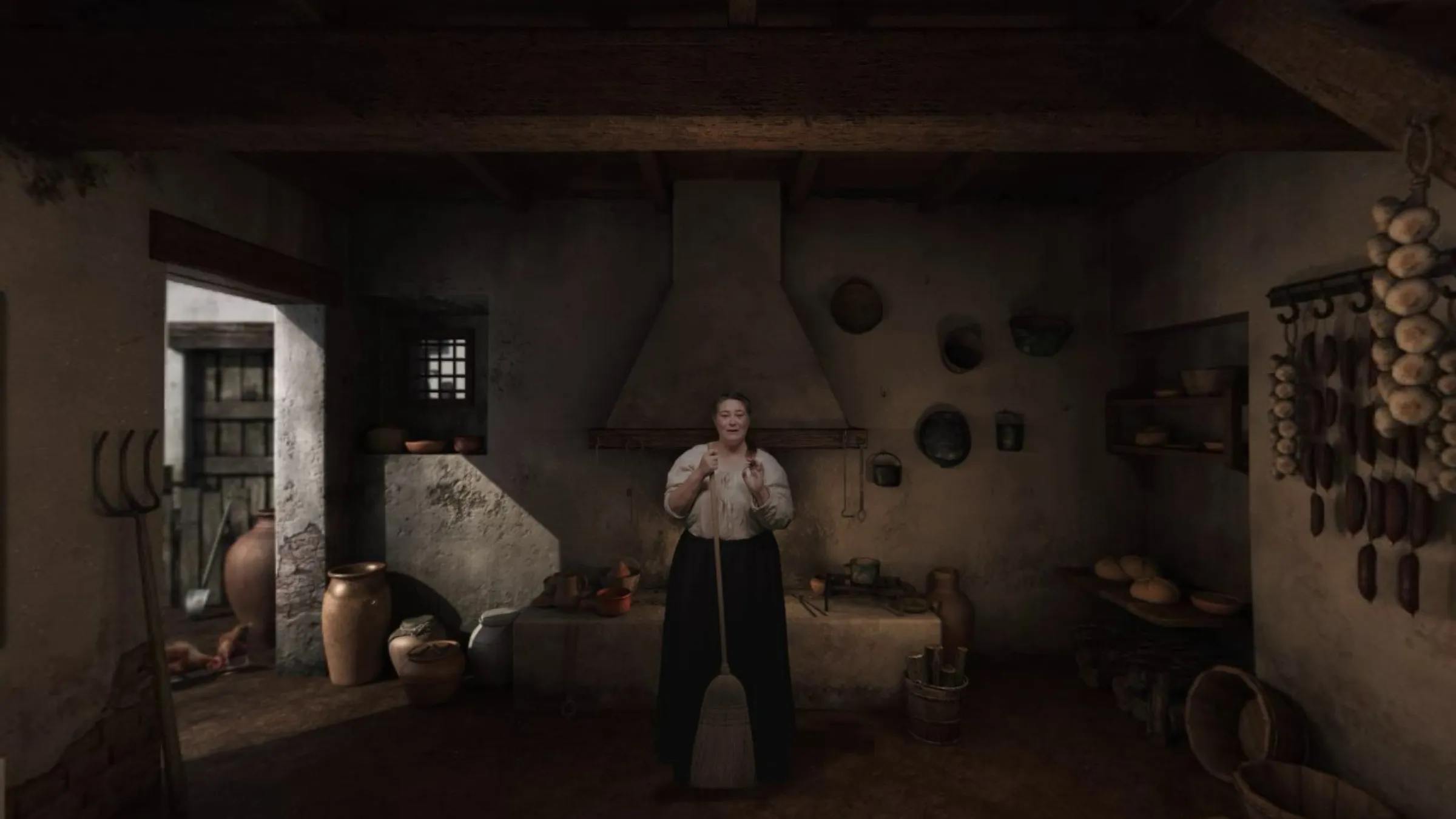 Cocina tradicional con un personaje junto al fuego, vista 360°