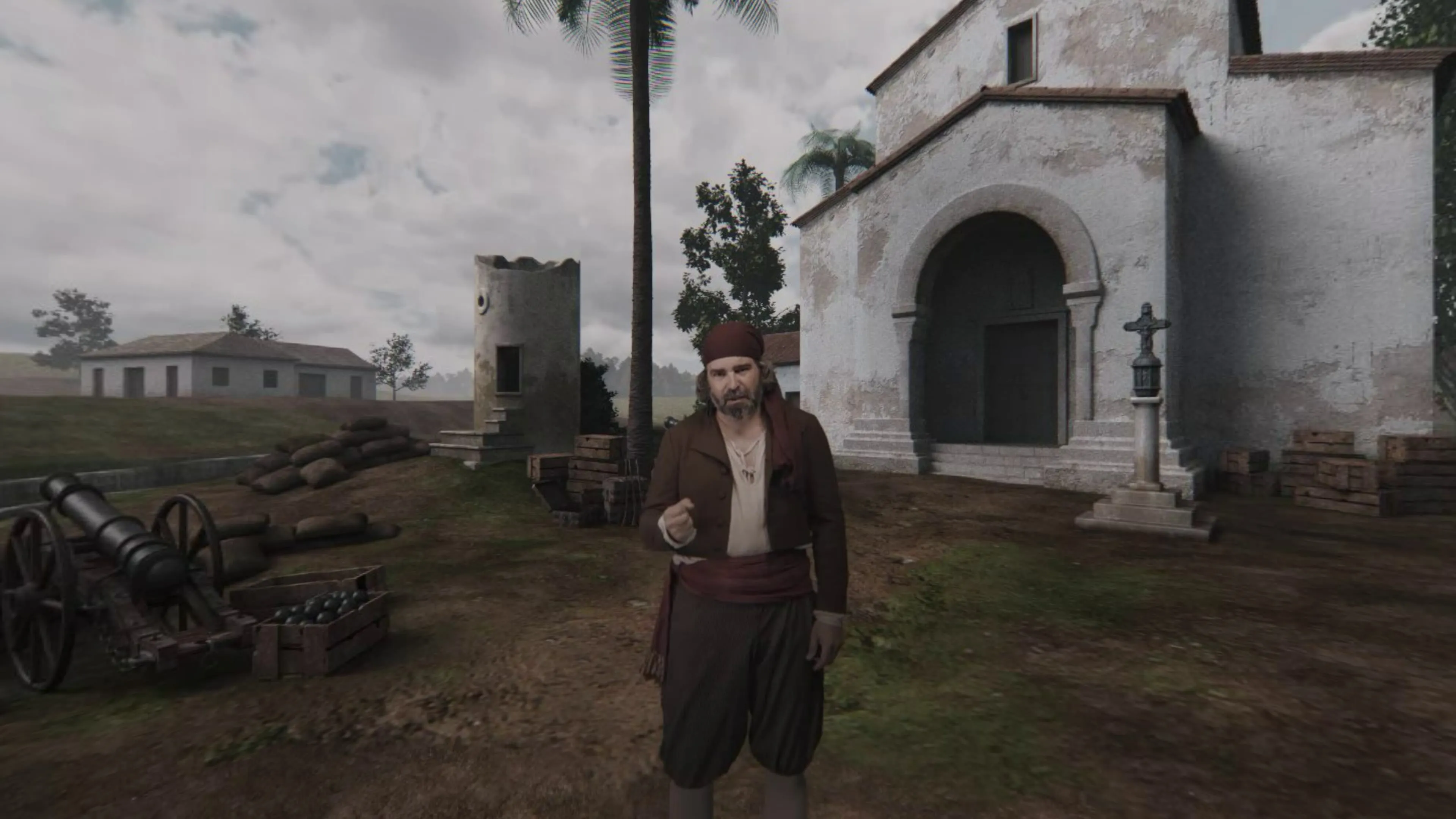 Personaje de época frente a la ermita de San Onofre con cañones, escena 360° en plano