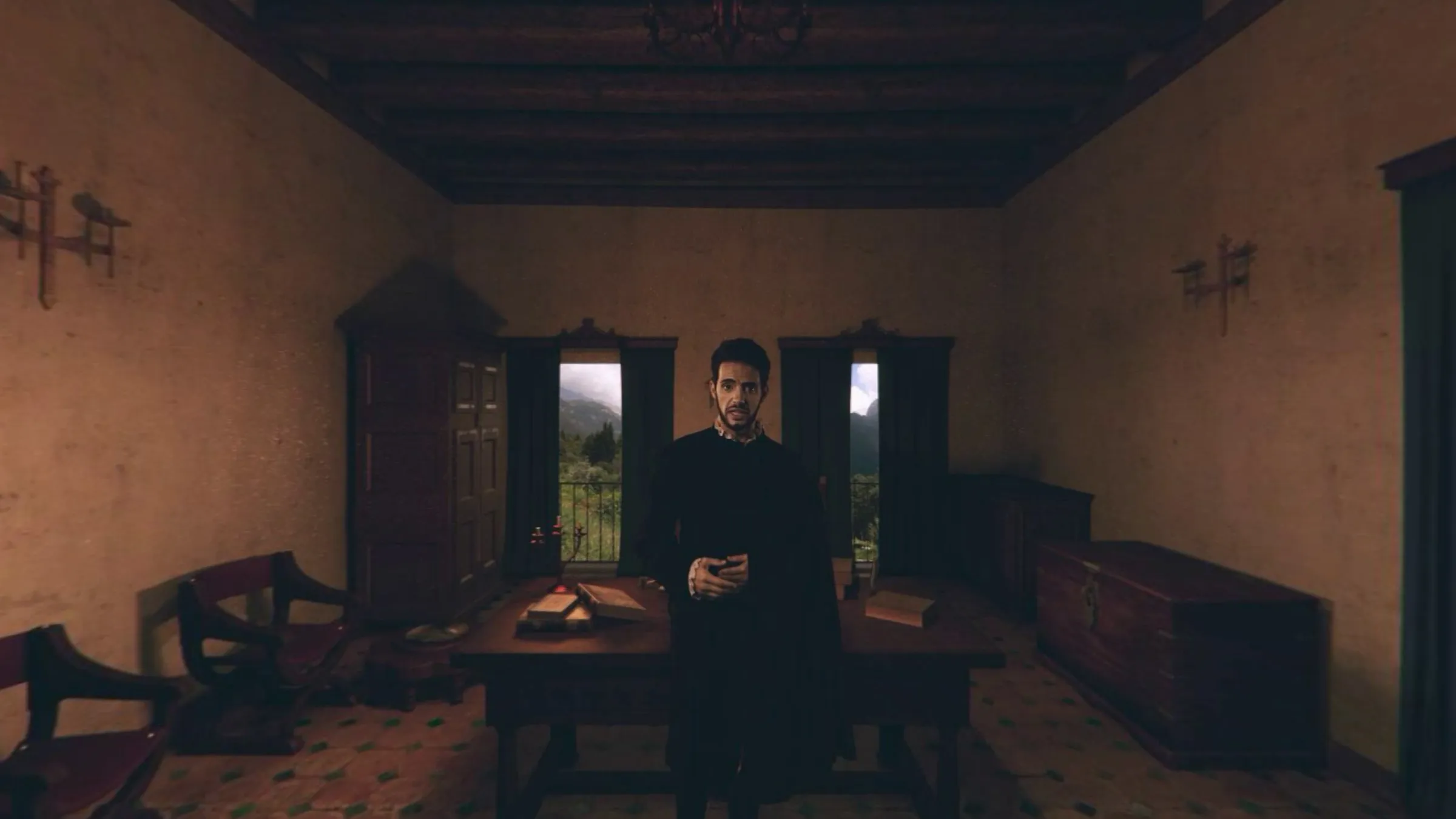 Sala de la Casa de Cervantes recreada en 3D con un personaje, vista 360°