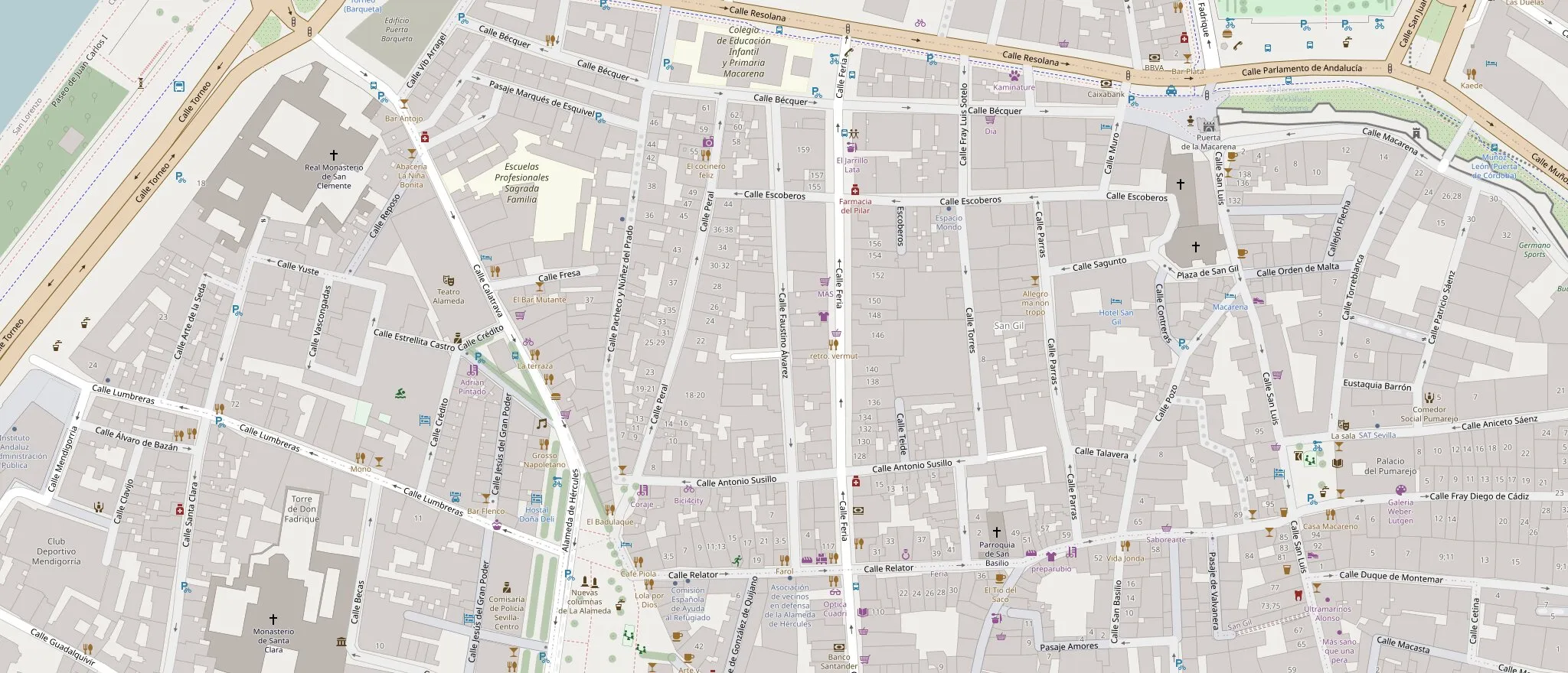 Plano del casco antiguo de Sevilla con la oficina de Sebka Technology señalada en calle Faustino Álvarez 29, local, 41002 Sevilla
