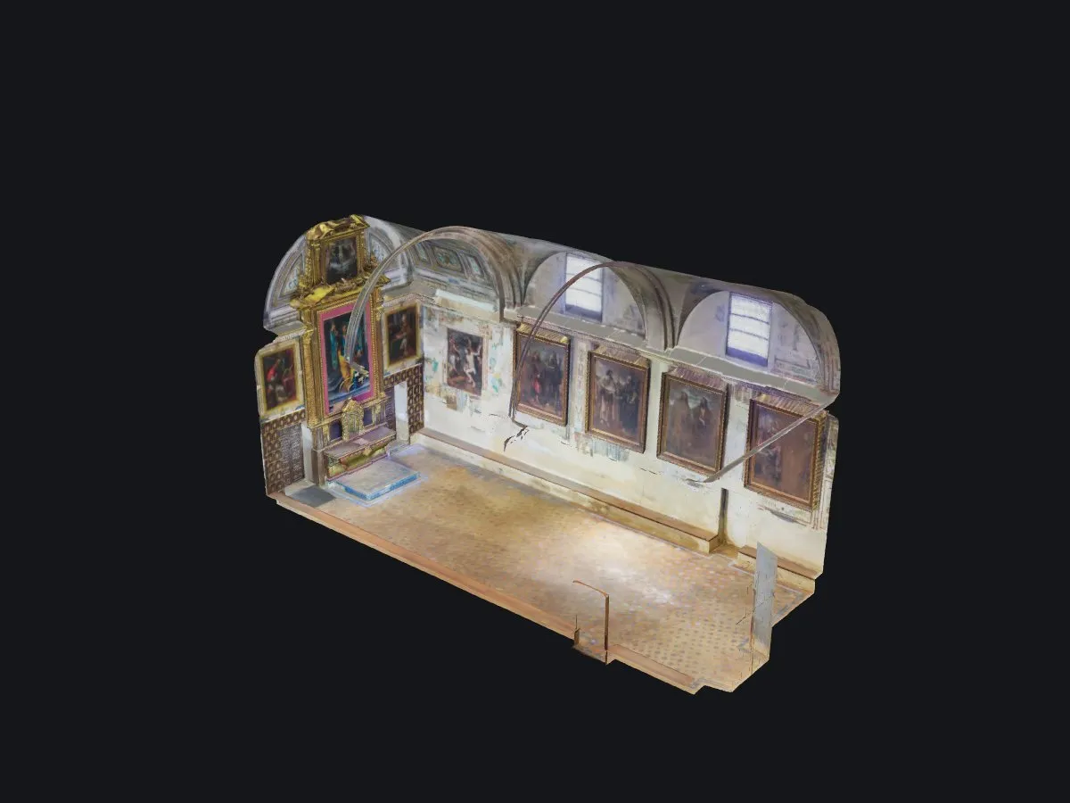 Sala abovedada de un monasterio del Aljarafe con cuadros, digitalizada por fotogrametría
