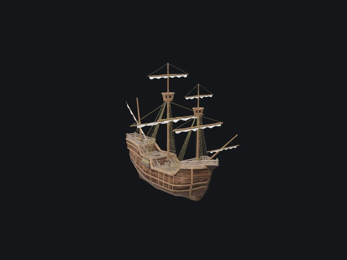 Nao Victoria con sus velas desplegadas, reconstrucción 3D