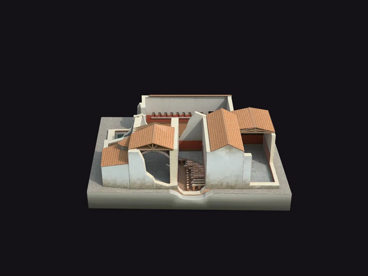 Termas romanas de la plaza Julián Besteiro de Carmona, con tejados de teja, muros enlucidos y el hipocausto a la vista en sección, reconstrucción 3D